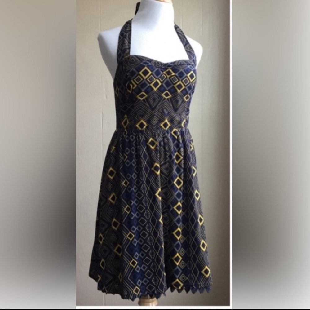Anthropologie Navy and Yellow Geometric Midi Skirt Dress